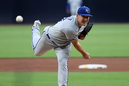 May 15, 2023; San Diego, California, USA;  Kansas City Royals starting pitcher Brad Keller (56) throws a pitch against the San Diego Padres at Petco Park. Mandatory Credit: Kiyoshi Mio-USA TODAY Sports