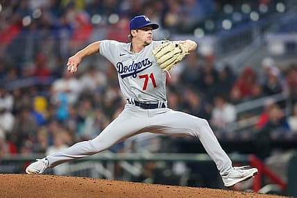 May 22, 2023; Atlanta, Georgia, USA; Los Angeles Dodgers starting pitcher Gavin Stone (71) throws against the Atlanta Braves in the fourth inning at Truist Park. Mandatory Credit: Brett Davis-USA TODAY Sports