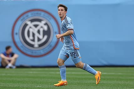 Jun 17, 2023; New York, New York, USA; New York City FC forward Gabriel Segal (19) in action against the Columbus Crew during the second half at Yankee Stadium. Mandatory Credit: Vincent Carchietta-USA TODAY Sports