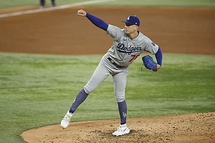Jul 22, 2023; Arlington, Texas, USA; Los Angeles Dodgers starting pitcher Bobby Miller (70) pitches in the fourth inning against the Texas Rangers at Globe Life Field. Mandatory Credit: Tim Heitman-USA TODAY Sports