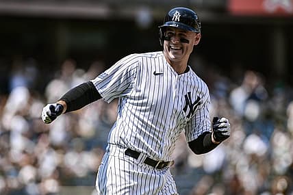 Jul 23, 2023; Bronx, New York, USA; New York Yankees first baseman Anthony Rizzo (48) reacts after hitting a solo home run against the Kansas City Royals during the third inning at Yankee Stadium. Mandatory Credit: John Jones-USA TODAY Sports