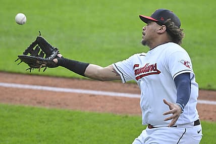 Jul 24, 2023; Cleveland, Ohio, USA; Cleveland Guardians first baseman Josh Naylor (22) catches a foul popup in the second inning against the Kansas City Royals at Progressive Field. Mandatory Credit: David Richard-USA TODAY Sports