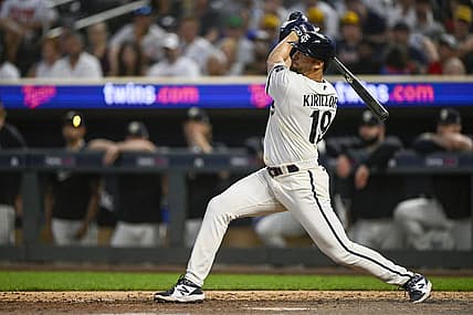 Jul 24, 2023; Minneapolis, Minnesota, USA;  Minnesota Twins infielder Alex Kirilloff (19) hits a double against the Seattle Mariners during the ninth inning at Target Field. Mandatory Credit: Nick Wosika-USA TODAY Sports