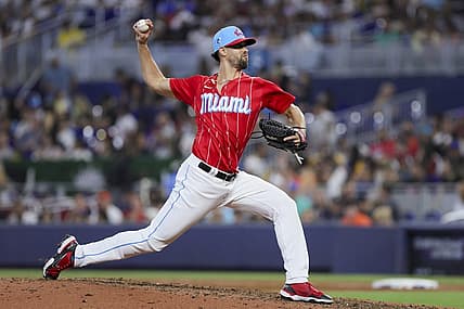 Jul 29, 2023; Miami, Florida, USA; Miami Marlins relief pitcher Jorge Lopez (52) delivers a pitch against the Detroit Tigers during the eighth inning at loanDepot Park. Mandatory Credit: Sam Navarro-USA TODAY Sports