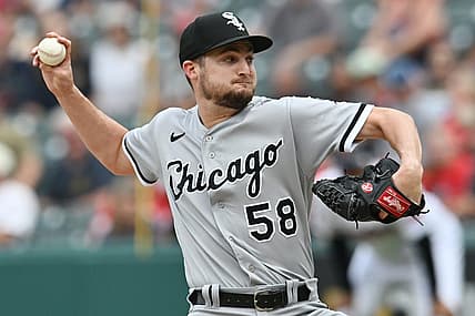 Aug 6, 2023; Cleveland, Ohio, USA; Chicago White Sox relief pitcher Jimmy Lambert (58) throws a pitch during the ninth inning against the Cleveland Guardians at Progressive Field. Mandatory Credit: Ken Blaze-USA TODAY Sports