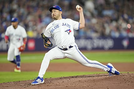 Aug 15, 2023; Toronto, Ontario, CAN; Toronto Blue Jays starting pitcher Yusei Kikuchi (16) pitches to the Philadelphia Phillies during the second inning at Rogers Centre. Mandatory Credit: John E. Sokolowski-USA TODAY Sports
