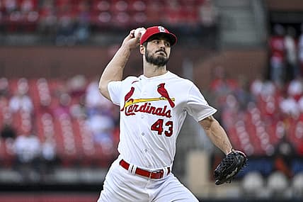 Aug 15, 2023; St. Louis, Missouri, USA;  St. Louis Cardinals starting pitcher Dakota Hudson (43) pitches against the Oakland Athletics during the first inning at Busch Stadium. Mandatory Credit: Jeff Curry-USA TODAY Sports