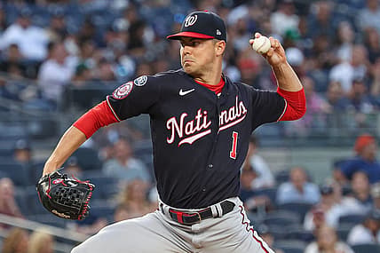 Aug 23, 2023; Bronx, New York, USA; Washington Nationals starting pitcher MacKenzie Gore (1) delivers a pitch during the first inning against the New York Yankees at Yankee Stadium. Mandatory Credit: Vincent Carchietta-USA TODAY Sports