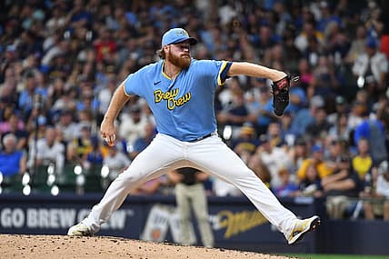Aug 25, 2023; Milwaukee, Wisconsin, USA; Milwaukee Brewers starting pitcher Brandon Woodruff (53) delivers a pitch against the San Diego Padres in the fifth inning at American Family Field. Mandatory Credit: Michael McLoone-USA TODAY Sports