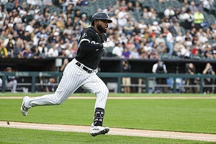 Aug 26, 2023; Chicago, Illinois, USA; Chicago White Sox center fielder Luis Robert Jr. (88) runs to second base after hitting a double against the Oakland Athletics during the first inning at Guaranteed Rate Field. Mandatory Credit: Kamil Krzaczynski-USA TODAY Sports