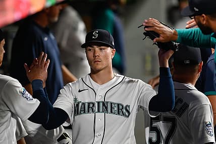 Aug 28, 2023; Seattle, Washington, USA; Seattle Mariners starting pitcher Bryan Woo (33) in the dugout during the sixth inning against the Oakland Athletics at T-Mobile Park. Mandatory Credit: Steven Bisig-USA TODAY Sports