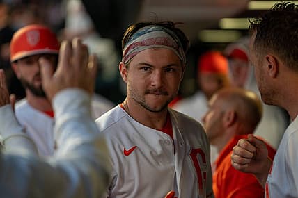Aug 29, 2023; San Francisco, California, USA;  San Francisco Giants catcher Patrick Bailey (14) celebrates with teammates in the dugout after hitting a two-run home run against the Cincinnati Reds during the third inning at Oracle Park. Mandatory Credit: Neville E. Guard-USA TODAY Sports
