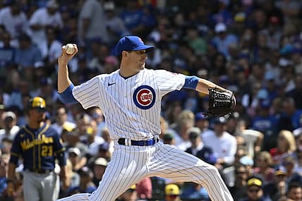 Aug 30, 2023; Chicago, Illinois, USA; Chicago Cubs starting pitcher Kyle Hendricks (28) delivers  against the Milwaukee Brewers during the second inning at Wrigley Field. Mandatory Credit: Matt Marton-USA TODAY Sports