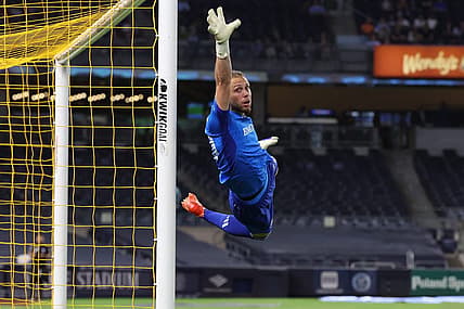 Aug 30, 2023; New York, New York, USA; CF Montreal goalkeeper Jonathan Sirois (40) warms up prior to the game at Yankee Stadium. Mandatory Credit: Vincent Carchietta-USA TODAY Sports