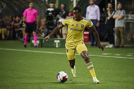 Aug 30, 2023; Portland, Oregon, USA; Real Salt Lake midfielder Anderson Julio (29) attacks the goal during the first half against the Portland Timbers at Providence Park. Mandatory Credit: Troy Wayrynen-USA TODAY Sports