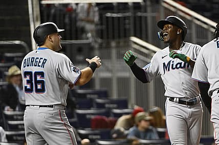 Aug 31, 2023; Washington, District of Columbia, USA; Miami Marlins center fielder Jazz Chisholm Jr. (2) celebrates with third baseman Jake Burger (36) after hitting a three run home run against the Washington Nationals during the fifth inning  at Nationals Park. Mandatory Credit: Brad Mills-USA TODAY Sports