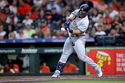 Sep 1, 2023; Houston, Texas, USA; New York Yankees center fielder Jasson Dominguez (89) hits a two-run home run home run to left field against the Houston Astros during the first inning at Minute Maid Park. Mandatory Credit: Erik Williams-USA TODAY Sports