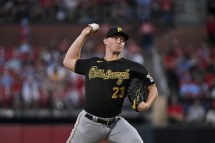 Sep 1, 2023; St. Louis, Missouri, USA;  Pittsburgh Pirates starting pitcher Mitch Keller (23) pitches against the St. Louis Cardinals during the first inning at Busch Stadium. Mandatory Credit: Jeff Curry-USA TODAY Sports