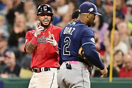 Sep 1, 2023; Cleveland, Ohio, USA; Cleveland Guardians shortstop Gabriel Arias, left, celebrates after hitting an RBI single during the seventh inning against the Tampa Bay Rays at Progressive Field. Mandatory Credit: Ken Blaze-USA TODAY Sports