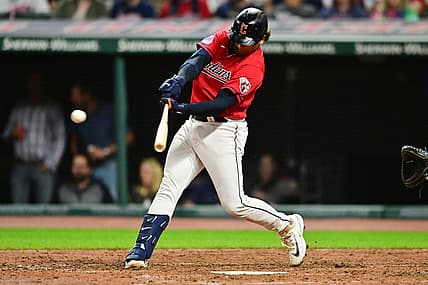 Sep 1, 2023; Cleveland, Ohio, USA; Cleveland Guardians catcher Bo Naylor (23) hits an RBI double during the seventh inning against the Tampa Bay Rays at Progressive Field. Mandatory Credit: Ken Blaze-USA TODAY Sports