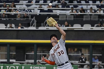 Sep 1, 2023; Chicago, Illinois, USA; Detroit Tigers right fielder Kerry Carpenter (30) catches a fly ball in foul territory  hit by Chicago White Sox first baseman Andrew Vaughn (not shown) during the second inning at Guaranteed Rate Field. Mandatory Credit: Matt Marton-USA TODAY Sports