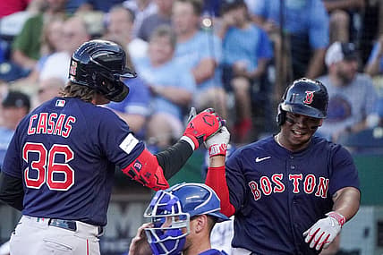 Sep 2, 2023; Kansas City, Missouri, USA; Boston Red Sox first baseman Triston Casas (36) celebrates with third baseman Rafael Devers (11) after hitting a two run home run against the Kansas City Royals in the first inning at Kauffman Stadium. Mandatory Credit: Denny Medley-USA TODAY Sports