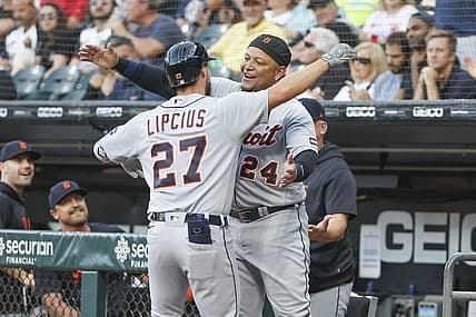 Sep 2, 2023; Chicago, Illinois, USA; Detroit Tigers second baseman Andre Lipcius (27) celebrates with designated hitter Miguel Cabrera (24) after hitting a two-run home run against the Chicago White Sox during the first inning at Guaranteed Rate Field. Mandatory Credit: Kamil Krzaczynski-USA TODAY Sports