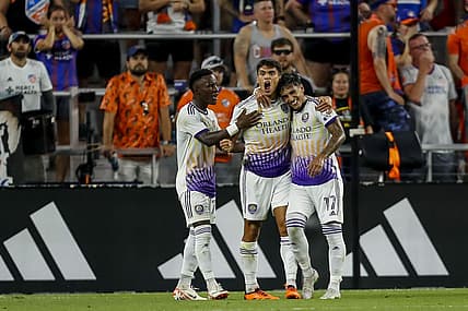 Sep 2, 2023; Cincinnati, Ohio, USA; Orlando City SC forward Facundo Torres (17) celebrates after scoring a goal with forward Ramiro Enrique (7) in the first half against FC Cincinnati at TQL Stadium. Mandatory Credit: Katie Stratman-USA TODAY Sports