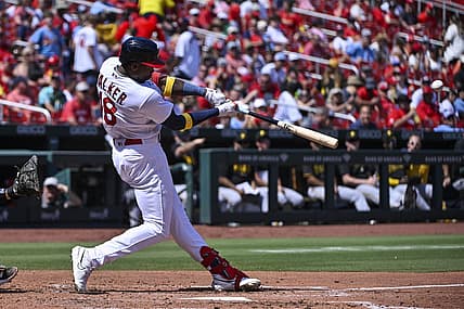 Sep 3, 2023; St. Louis, Missouri, USA;  St. Louis Cardinals right fielder Jordan Walker (18) hits a solo home run against the Pittsburgh Pirates during the third inning at Busch Stadium. Mandatory Credit: Jeff Curry-USA TODAY Sports