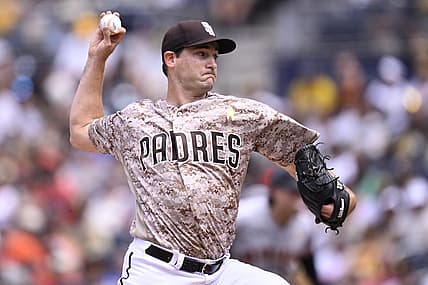 Sep 3, 2023; San Diego, California, USA; San Diego Padres starting pitcher Seth Lugo (67) throws a pitch against the San Francisco Giants during the first inning at Petco Park. Mandatory Credit: Orlando Ramirez-USA TODAY Sports