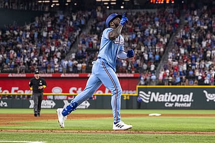 Sep 3, 2023; Arlington, Texas, USA; Texas Rangers right fielder Adolis Garcia (53) celebrates as he rounds the bases after he hits a walk off home run for the win over the Minnesota Twins during the ninth inning at Globe Life Field. Mandatory Credit: Jerome Miron-USA TODAY Sports