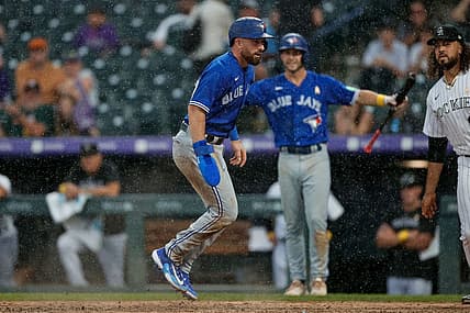 Sep 3, 2023; Denver, Colorado, USA; Toronto Blue Jays shortstop Mason McCoy (10) scores on an RBI in the ninth inning against the Colorado Rockies at Coors Field. Mandatory Credit: Isaiah J. Downing-USA TODAY Sports