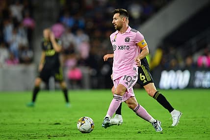 Sep 3, 2023; Los Angeles, California, USA; Inter Miami forward Lionel Messi (10) controls the ball against Los Angeles FC during the first half at BMO Stadium. Mandatory Credit: Gary A. Vasquez-USA TODAY Sports