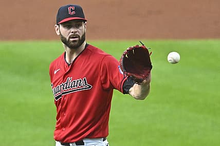 Sep 4, 2023; Cleveland, Ohio, USA; Cleveland Guardians starting pitcher Lucas Giolito (27) reacts after giving up a bases loaded walk in the second inning against the Minnesota Twins at Progressive Field. Mandatory Credit: David Richard-USA TODAY Sports