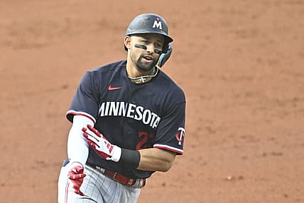 Sep 4, 2023; Cleveland, Ohio, USA; Minnesota Twins third baseman Royce Lewis (23) celebrates his grand slam in the second inning against the Cleveland Guardians at Progressive Field. Mandatory Credit: David Richard-USA TODAY Sports