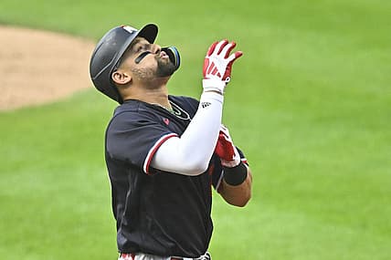 Sep 4, 2023; Cleveland, Ohio, USA; Minnesota Twins third baseman Royce Lewis (23) celebrates his grand slam in the second inning against the Cleveland Guardians at Progressive Field. Mandatory Credit: David Richard-USA TODAY Sports