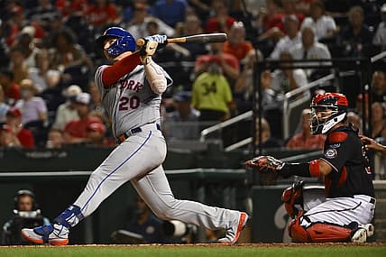 Sep 5, 2023; Washington, District of Columbia, USA; New York Mets first baseman Pete Alonso (20) hits a solo home run against the Washington Nationals during the fifth inning at Nationals Park. Mandatory Credit: Brad Mills-USA TODAY Sports