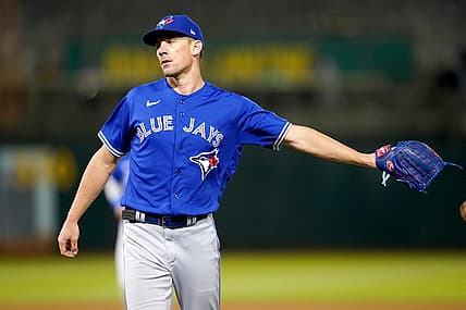 Sep 5, 2023; Oakland, California, USA; Toronto Blue Jays pitcher Chris Bassitt (40) is congratulated by teammates after the Blue Jays recorded the final out of the fifth inning against the Oakland Athletics at Oakland-Alameda County Coliseum. Mandatory Credit: Cary Edmondson-USA TODAY Sports