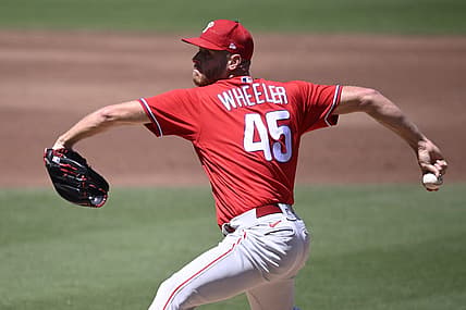 Sep 6, 2023; San Diego, California, USA; Philadelphia Phillies starting pitcher Zack Wheeler (45) throws a pitch against the San Diego Padres during the first inning at Petco Park. Mandatory Credit: Orlando Ramirez-USA TODAY Sports