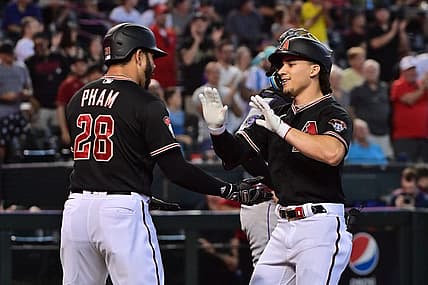 Sep 6, 2023; Phoenix, Arizona, USA; Arizona Diamondbacks center fielder Alek Thomas (5) celebrates with left fielder Tommy Pham (28) after hitting a three run home run in the third inning against the Colorado Rockies at Chase Field. Mandatory Credit: Matt Kartozian-USA TODAY Sports