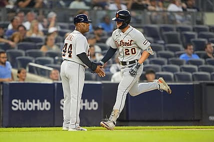 Sep 7, 2023; Bronx, New York, USA; Detroit Tigers third base coach Gary Jones (44) congratulates Detroit Tigers first baseman Spencer Torkelson (20) as he rounds the bases after hitting a two run home run against the New York Yankees during the first inning at Yankee Stadium. Mandatory Credit: Gregory Fisher-USA TODAY Sports