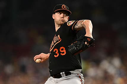 Sep 8, 2023; Boston, Massachusetts, USA; Baltimore Orioles starting pitcher Kyle Bradish (39) pitches against the Boston Red Sox during the first inning at Fenway Park. Mandatory Credit: Brian Fluharty-USA TODAY Sports