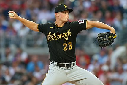 Sep 8, 2023; Atlanta, Georgia, USA; Pittsburgh Pirates starting pitcher Mitch Keller (23) throws against the Atlanta Braves in the second inning at Truist Park. Mandatory Credit: Brett Davis-USA TODAY Sports