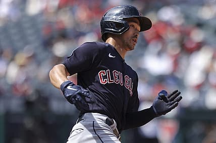 Sep 10, 2023; Anaheim, California, USA; Cleveland Guardians left fielder Steven Kwan (38) runs after hitting a double during the fifth inning against the Los Angeles Angels at Angel Stadium. Mandatory Credit: Jessica Alcheh-USA TODAY Sports