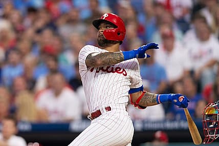 Sep 11, 2023; Philadelphia, Pennsylvania, USA; Philadelphia Phillies third baseman Edmundo Sosa (33) hits a two RBI double during the first inning against the Atlanta Braves at Citizens Bank Park. Mandatory Credit: Bill Streicher-USA TODAY Sports