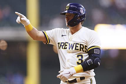 Sep 11, 2023; Milwaukee, Wisconsin, USA;  Milwaukee Brewers third baseman Josh Donaldson (3) celebrates after hitting an RBI single during the third inning against the Miami Marlins at American Family Field. Mandatory Credit: Jeff Hanisch-USA TODAY Sports