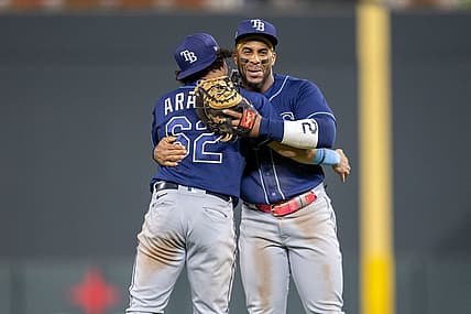 Sep 11, 2023; Minneapolis, Minnesota, USA; Tampa Bay Rays third baseman Jonathan Aranda (62) and first baseman Yandy Diaz (2) celebrate after defeating the Minnesota Twins at Target Field. Mandatory Credit: Jesse Johnson-USA TODAY Sports