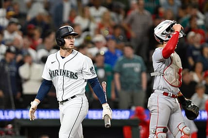 Sep 11, 2023; Seattle, Washington, USA; Seattle Mariners right fielder Jarred Kelenic (10) walks off the field after striking out to the Los Angeles Angels during the ninth inning at T-Mobile Park. Mandatory Credit: Steven Bisig-USA TODAY Sports
