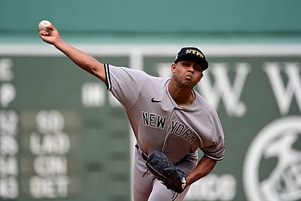 Sep 12, 2023; Boston, Massachusetts, USA; New York Yankees starting pitcher Randy Vasquez (98) pitches against the Boston Red Sox during the first inning at Fenway Park. Mandatory Credit: Eric Canha-USA TODAY Sports