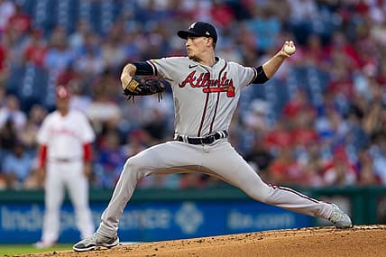 Sep 12, 2023; Philadelphia, Pennsylvania, USA; Atlanta Braves starting pitcher Max Fried (54) throws a pitch during the first inning against the Philadelphia Phillies at Citizens Bank Park. Mandatory Credit: Bill Streicher-USA TODAY Sports